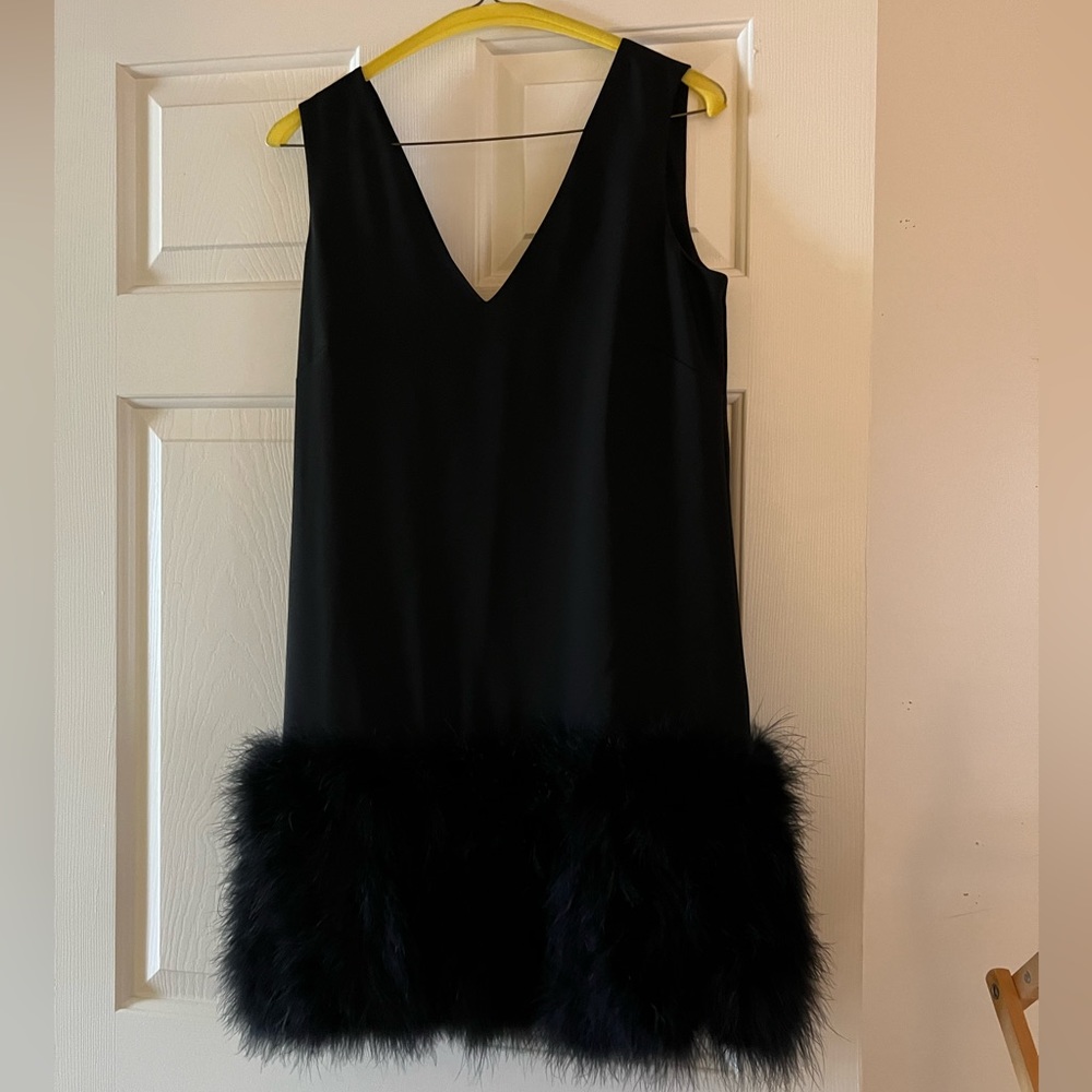 BCBG Maxazria black low v neck feather shift dress